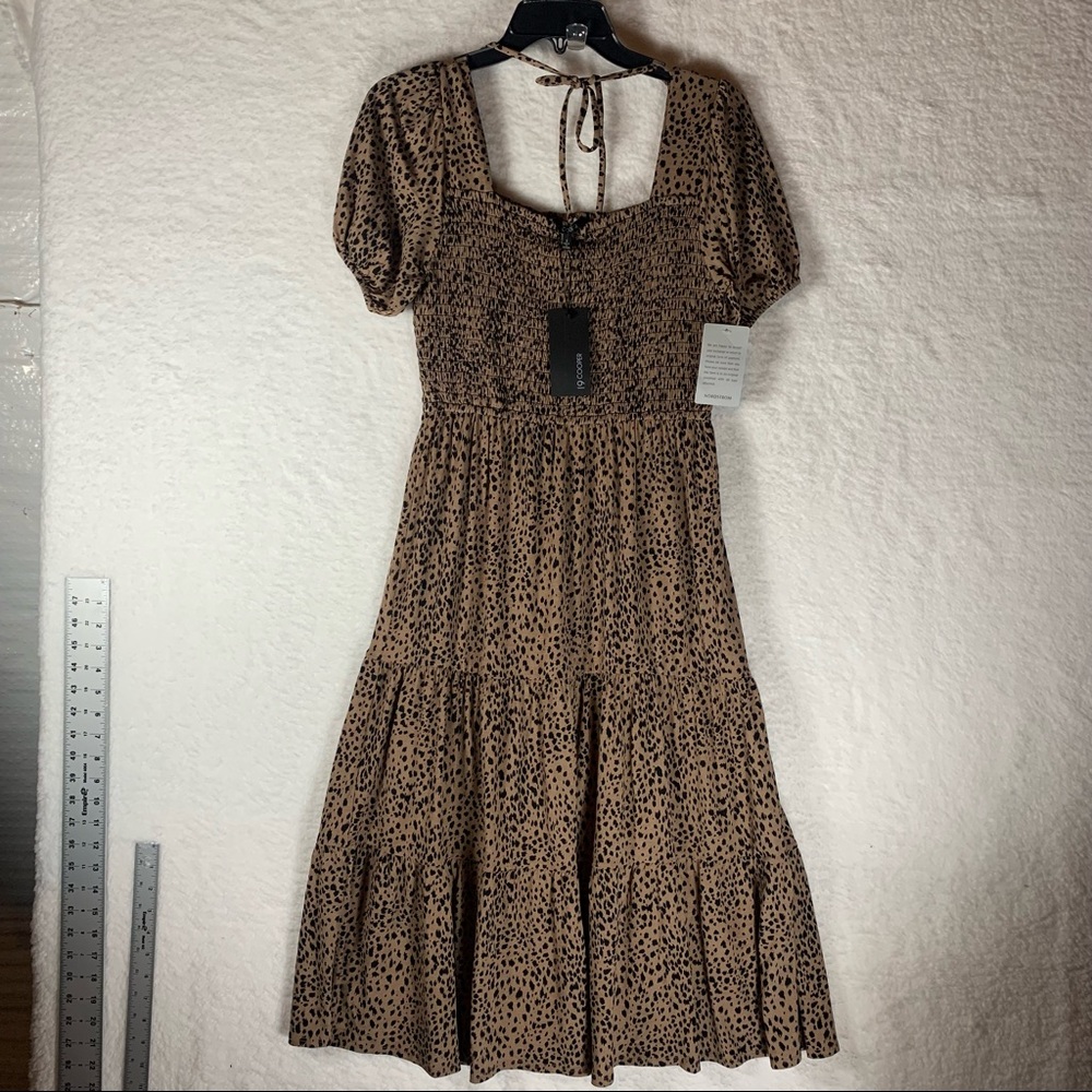 19 Cooper Dress Smocked Top Ruffle Hem MIDI Boho Size S Animal Print NWT 4579